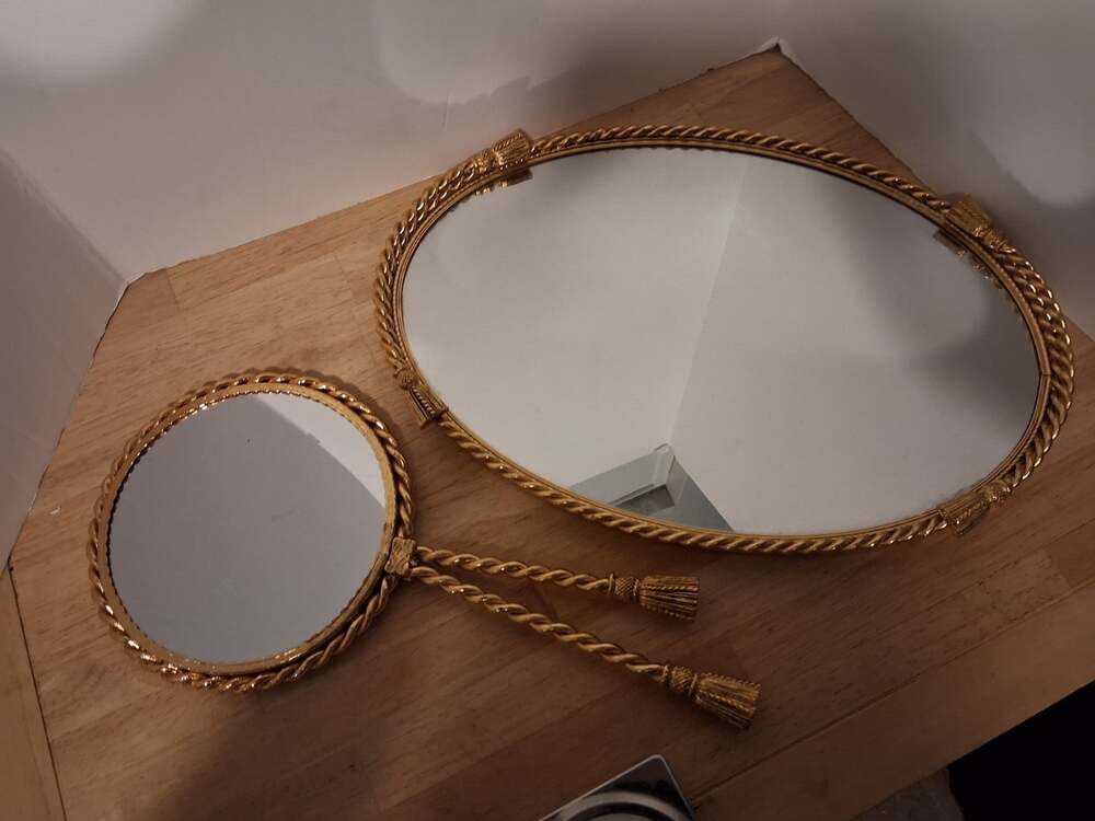 Vintage Stylenuilt Vanity Mirror And Tray Rope Tassel Set Hollywood Regency